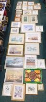 Pictures and prints, comprising after Robert Taylor, HMS Ark Royal, silvered framed floral prints, p