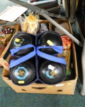 A set of four carpet bowls, kitchen utensils, therma therapy pillow, black cat and other collectors