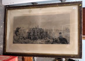 After Frederick Stackpoole. Military scene of war, soldiers held at arms, in gilt frame. (AF)