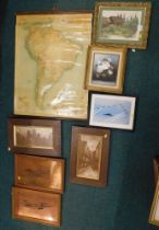 Pictures and prints, comprising tapestry, oil on canvas, scroll botany poster, etc.