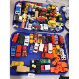 A quantity of diecast playworn cars, to include trucks, Fina car, etc. (2 trays)