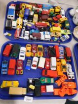 A quantity of diecast playworn cars, to include trucks, Fina car, etc. (2 trays)