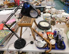 A black Anglepoise desk lamp, stool, two walking sticks, glass bottles, shells, etc. (1 tray and loo