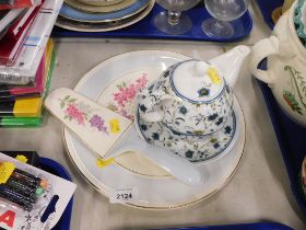 A Royal Tudorware cake server and plate, and a V&A teapot and cup and saucer set for two.