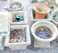 A quantity of reconstituted stone garden planters, to include basket weave square planters, small pe