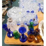 Decorative glassware, comprising drinking glasses, egg cruet, decanters lacking stoppers, coloured g
