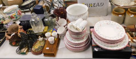 Two cast bookends, glassware, part tea wares, Johnson Brothers part tea service, etc. (a quantity)