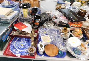 A Spode Blue Willow pattern cabinet plate, Irish whisky jug, plates, charger, glassware, etc. (2 tra