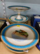 A 19thC dessert service, comprising three comports, dinner plates, on a blue and gilt ground, and an