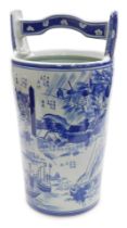 A Chinese blue and white pottery water bucket, decorated with Chinese landscapes and figural scenes,