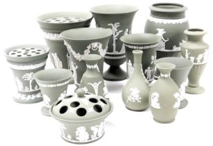A group of Wedgwood green Jasperware, including vases of various sizes, and a pot pourri. (a quantit