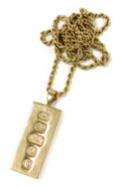 A 9ct gold ingot pendant, London 1977, on a 9ct gold rope twist neckchain, with a bolt ring clasp, 4