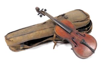 A three quarter size violin, cased and outer cased. (AF)