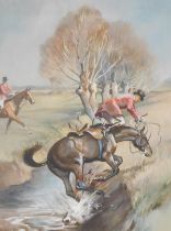 John Theodore Kenney (1911-1972). Hunting scene depicting horse jumping over a brook, gouache, signe