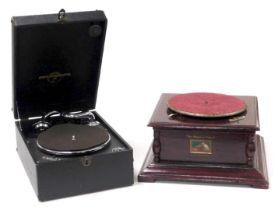 A Columbia table top gramophone, black cased, together with an HMV box gramophone, 38cm wide. (2, AF