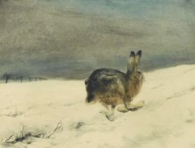 Kurt Meyer-Eberhardt (German, 1895-1977). Running hare in a winter landscape, etching, signed, 38cm