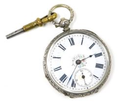 A late 19thC lady's pocket watch, open faced, key wind, circular white enamel dial with grey chapter