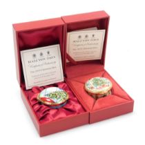Two Halcyon Days enamel Christmas boxes, 2012 and 2018, boxed with certificates.