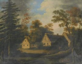 Continental School (18thC). River landscape with buildings and figures, oil on board, 21.5cm x 27cm.