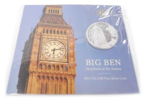 A Royal Mint Big Ben commemorative one hundred pound fine silver coin 2015.