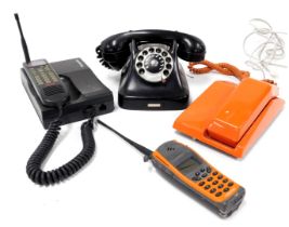 A vintage black dial telephone, no. 213212, GC orange Contempra slim line dial telephone, Panasonic