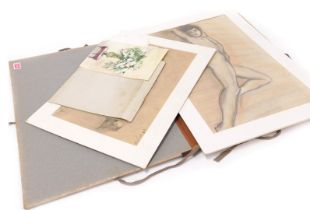 A portfolio of watercolours and charcoal sketches, including still life subjects, nudes, landscapes,