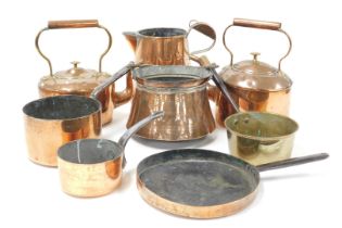 Two Victorian copper kettles, a cooking pot, water jug, frying pan and three saucepans. (8)