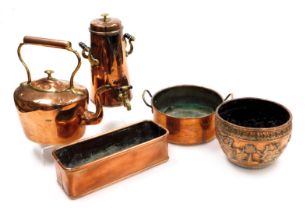 A group of 19thC and later copper wares, including a copper kettle, tea urn, and an Indian jardinier