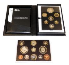 A United Kingdom 2013 proof coin set, commemorative edition, by the Royal Mint, cased, together with