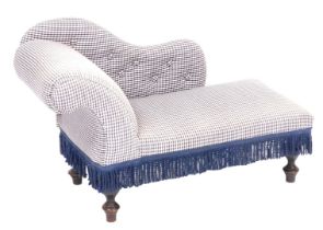 A Victorian style mahogany miniature chaise longue, upholstered in blue button back gingham fabric,