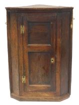 An early 19thC oak wall hanging corner cupboard, with a single double panelled door enclosing three