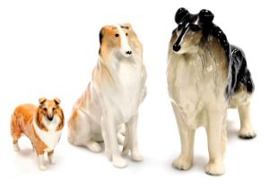 A Beswick pottery figure of a collie dog, further pottery figure of a collie dog, and a Lomonosov po