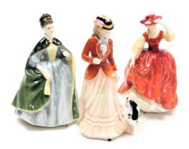 Three Royal Doulton figures, modelled as Sarah HN3384, Premiere HN2343, and Buttercup HN2399.