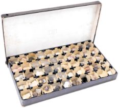 A collection of crystals, agates, shark's teeth, etc., in a fifty division box, manufactured by E J
