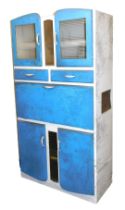 A vintage mid century larder cupboard, in turquoise blue and white, with a pair of perspex fronted d