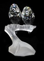 A pair of Swarovski crystal parakeets, modelled perched on the frosted glass branch of a tree stump,