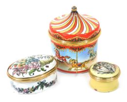 A Halcyon Days enamel musical box, The Carousel Waltz, together with a rouge pot, decorated to the l