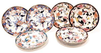 A group of Mason's Ironstone dinner plates, comprising Café (x2), Red Mandalay (x3), Chartreuse (x2)