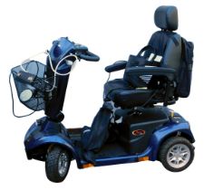 A Pride Apex Spirit Plus mobility scooter, with a blue chassis, battery pack and key.