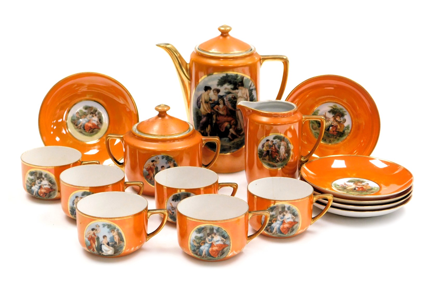 An early 20thC Czechoslovakian porcelain part coffee service, decorated with classical muses, agains