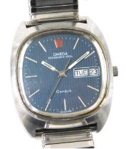 An Omega Megaquartz 32KHz gentleman's stainless steel cased wristwatch, striped blue and black dial,