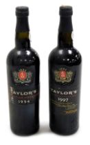 Two bottles of Taylor's late bottled vintage port, for 1994 and 1997.