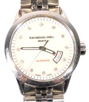 A Raymond Weil lady's stainless steel cased wristwatch, circular pearlescent dial set with diamonds,