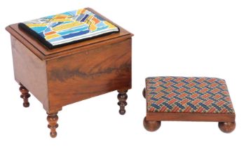 A Victorian mahogany commode stool, the hinged lid with a woolwork seat, opening to reveal an inner