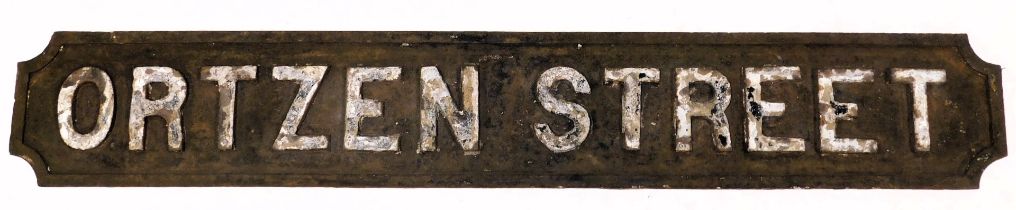 An early 20thC painted cast iron street sign, for Ortzen Street, Nottingham, 121cm wide.