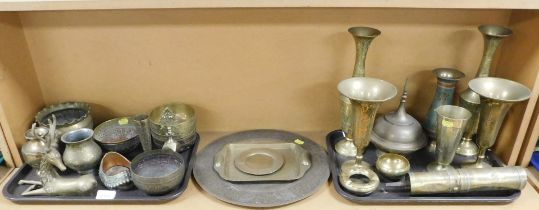 Assorted metal, brass and copper wares, to include vases, large ewer, figure of deer, etc. (2 trays