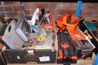 Various tools, to include a Bosch PX15-82 sander, Craft Detail sander, chisel set, tile cutter, angl