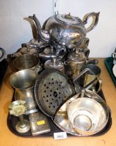 Metalware, to include coffee pots, hot water jugs, teapot, plates, etc.