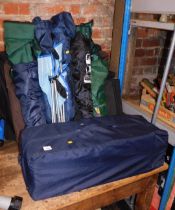 Various camping chairs, travel cots, camping tables, etc. (a quantity)