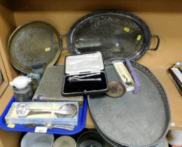 Plated wares, including twin handled trays, fish knives and forks, boxed, half pint tankard, togethe